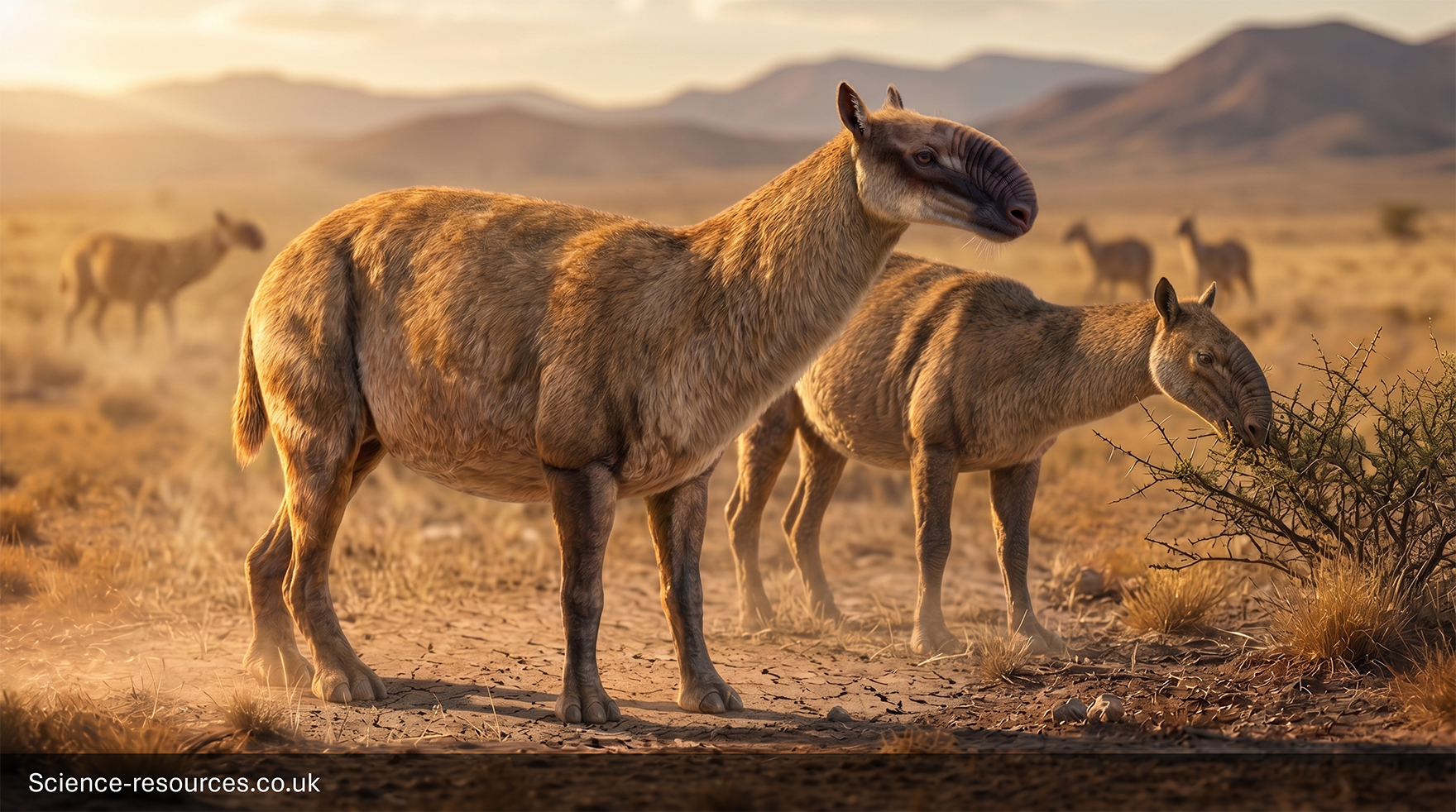Macrauchenia Macrauchenia, an extinct long necked mammal with a short trunk like snout, stands in a dry grassland while another feeds on a thorny shrub, with a small herd and hazy mountains in the background under warm evening light.