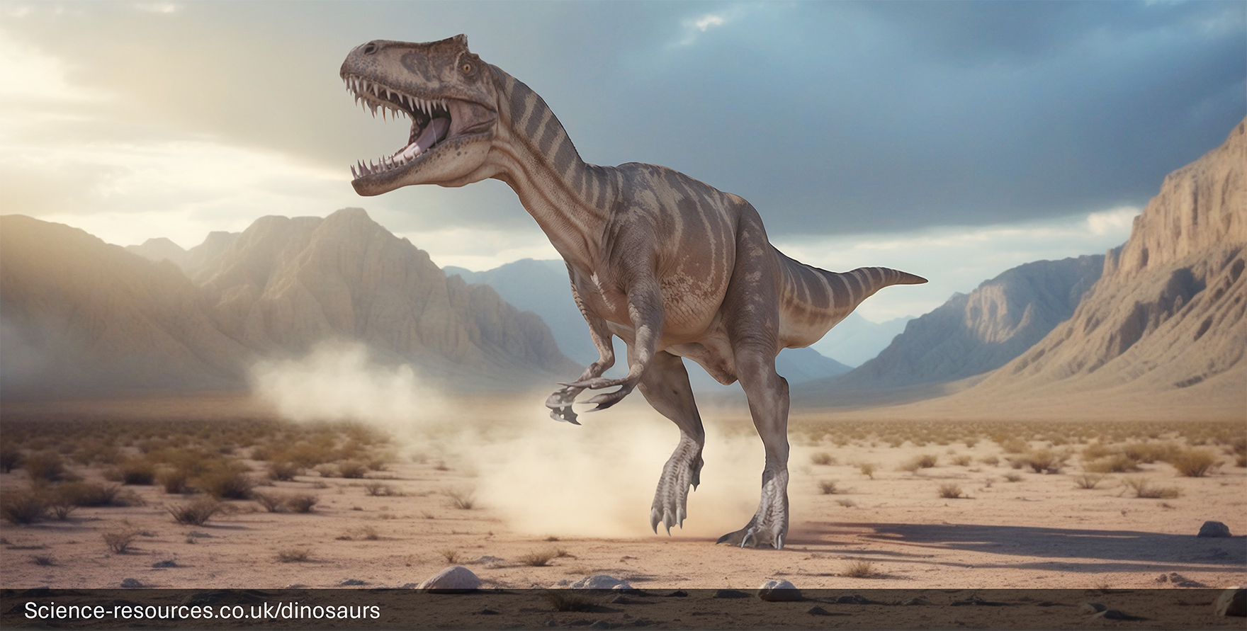 Realistic 3D render of an Allosaurus dinosaur in a prehistoric desert setting.