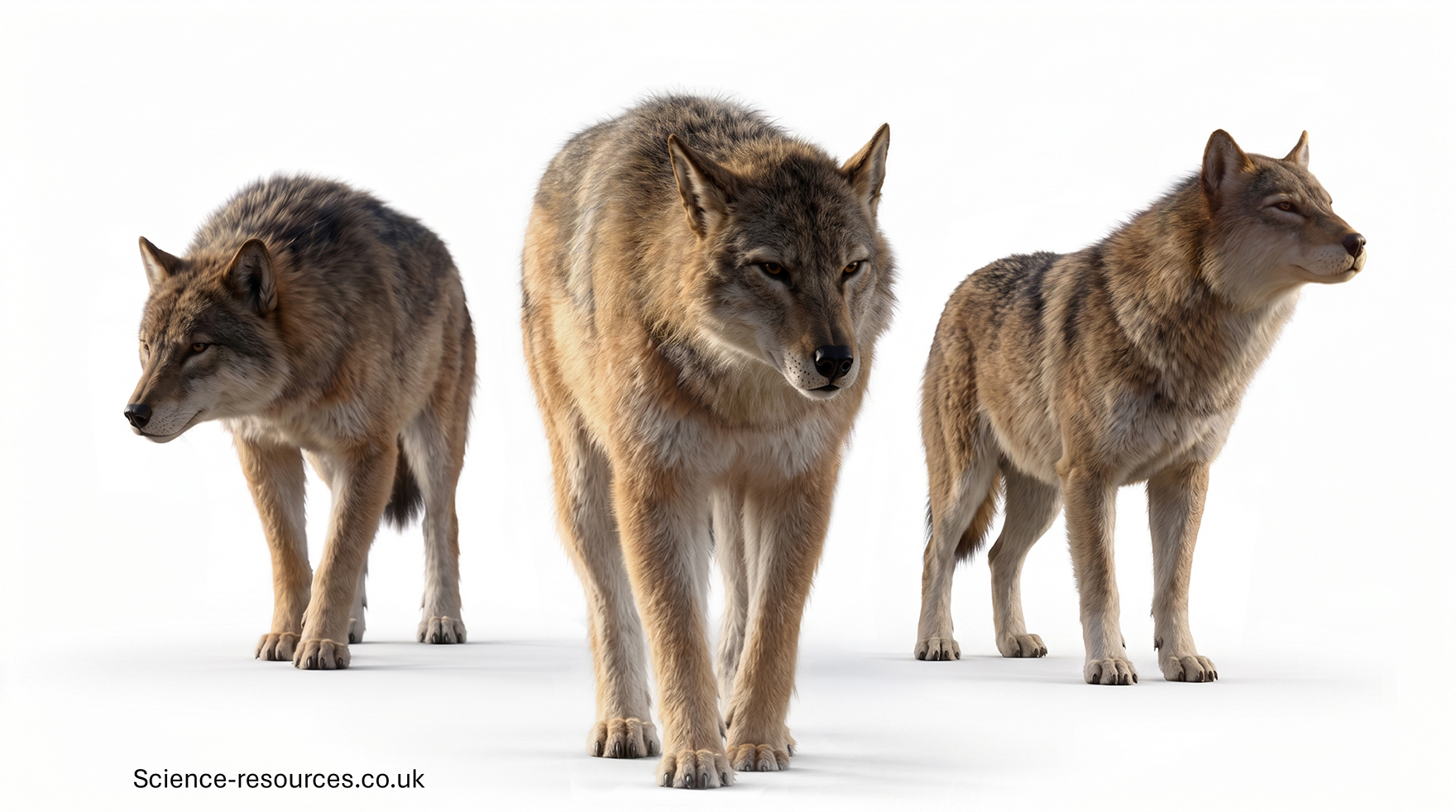 pack_of_dire_wolves A realistic reconstruction of a small pack of eastern dire wolves (Aenocyon dirus dirus) standing on a clean white background. Three adult dire wolves are arranged in a loose formation, highlighting their powerful build and pack-living nature.
The central wolf stands closest to the viewer and dominates the composition. It faces forward with its head slightly lowered, displaying a broad skull, deep chest, thick neck and muscular legs. Dense grey-brown and cream-coloured fur covers the body, with darker markings running along the back. The animal's sturdy frame emphasises the robust proportions typical of Aenocyon dirus dirus.
To the left, a second dire wolf stands slightly behind the leader and faces towards the left side of the image. This individual has similar thick fur and heavy body proportions, with a large head and powerful shoulders. Its posture suggests alertness as it surveys the surroundings.
To the right, a third dire wolf stands in profile facing right. The animal displays the characteristic stocky build, long legs and broad muzzle associated with eastern dire wolves. Its thick coat shows shades of grey, tan and brown, with darker fur along the back and lighter fur on the chest and underside.
All three wolves possess robust limbs, large paws, broad heads and dense fur, reinforcing the impression of a powerful Ice Age predator adapted for hunting large prey. The formation of the animals suggests cooperative pack behaviour, with the central wolf appearing to lead while the others remain nearby.
The lighting is soft and even, producing subtle shadows beneath the animals and highlighting the texture of the fur. The plain white background keeps attention focused entirely on the wolves and their physical characteristics.