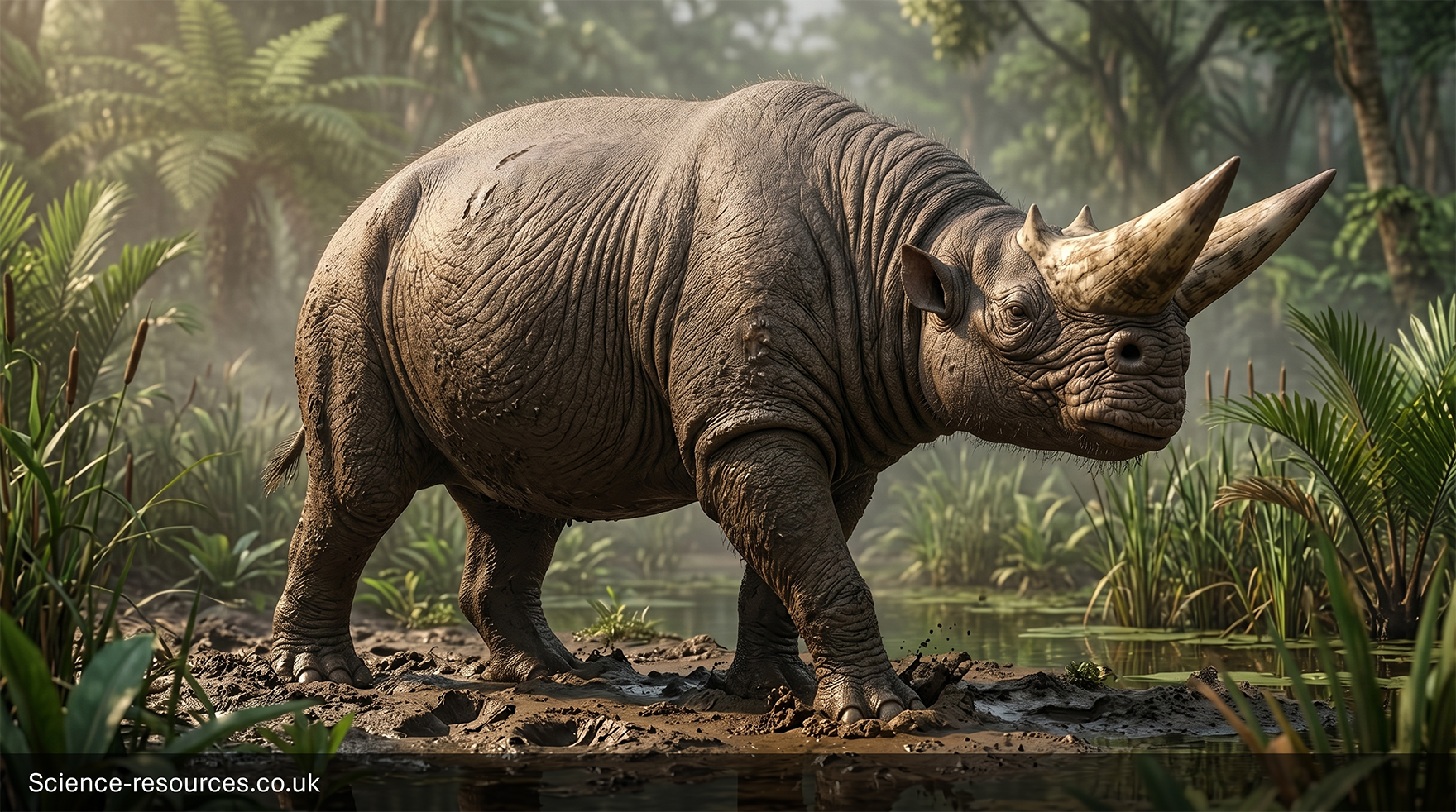 Highly realistic reconstruction of Arsinoitherium standing at the muddy edge of a shallow wetland in a lush, prehistoric tropical environment. The large, rhinoceros-like mammal is shown in side profile occupying the foreground, with a massive, rounded body supported by thick, pillar-like legs. The skin appears heavy, deeply wrinkled and grey-brown in colour, with visible folds and creases across the shoulders, flanks and neck.
The head is distinctive, featuring two large, forward-pointing horns positioned side by side on the nose, with a smaller pair of secondary horn bumps behind them. The skull is broad and robust, with small ears and a blunt snout. The horns have a smooth, slightly worn texture with subtle colour variation, suggesting age and use.
The animal stands on damp, uneven ground, with footprints and soft mud visible beneath its feet. A still body of water lies just behind, reflecting surrounding vegetation. The background is dense with green foliage including ferns, reeds and tropical plants, with tall trees fading into a light mist. Sunlight filters through the canopy, casting soft, warm highlights on the animal’s back and creating a humid, atmospheric feel.
Textures include wet mud, rippling water, coarse vegetation and thick, leathery skin. The colour palette is dominated by earthy browns and lush greens with soft golden lighting.