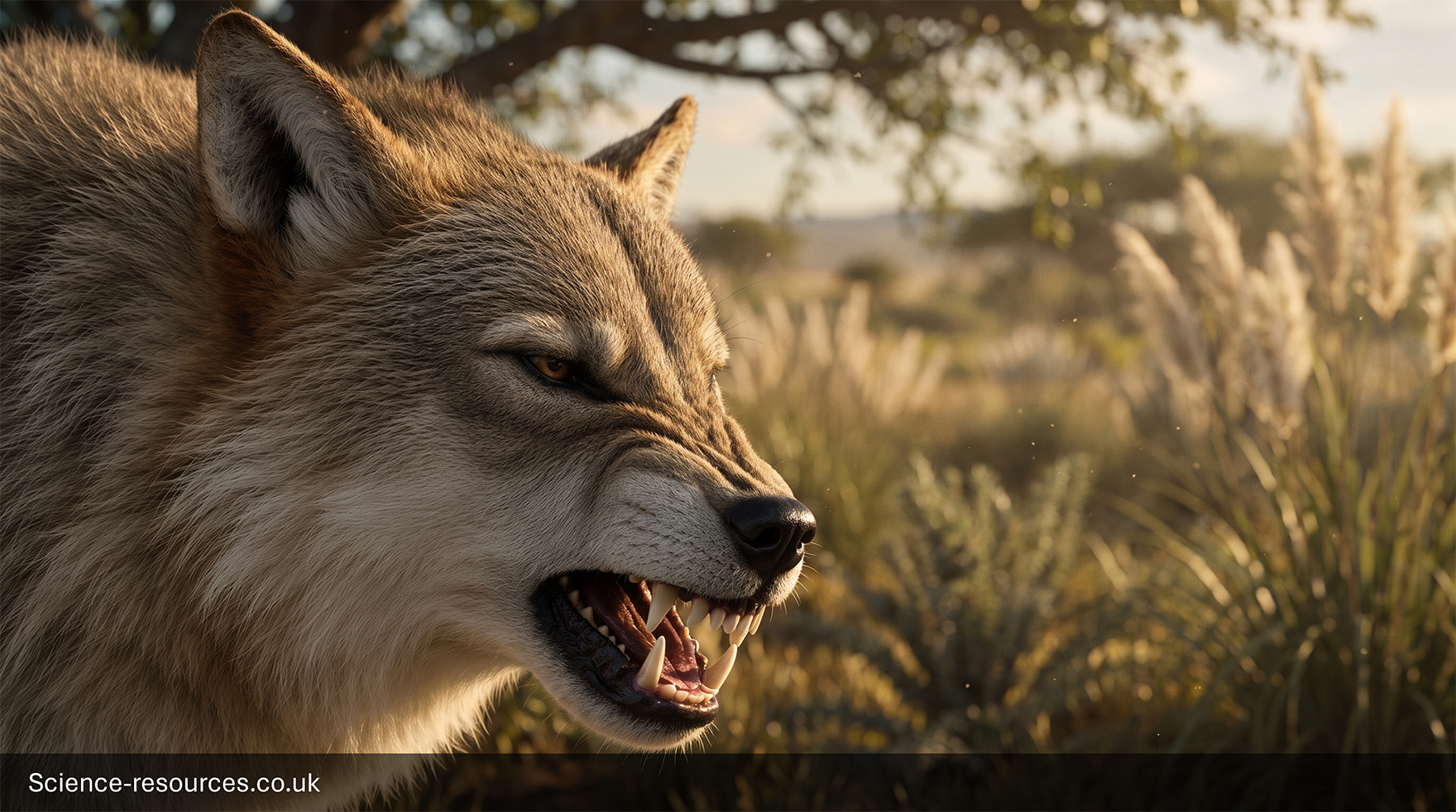 Dire_Wolf_Teeth A high-resolution, close-up wildlife-style illustration of a dire wolf's head and neck, shown in left profile against a softly blurred grassland landscape. The image focuses on the animal's powerful jaws and prominent teeth, emphasising adaptations associated with processing large prey and heavily used carcasses.
The dire wolf fills most of the left and centre portions of the frame. Its thick fur is a mixture of grey, tan, brown and cream tones, with dense guard hairs around the neck and cheeks creating a robust, muscular appearance. Large triangular ears stand upright above a broad head. The skull appears deep and powerful, with a wide muzzle and strong jawline.
The wolf's mouth is partially open in a snarl-like display, revealing a set of large, sharp teeth. Long upper and lower canine teeth are clearly visible, projecting prominently from the jaws. Behind the canines, the premolars and carnassial teeth can be seen, appearing thick and well-developed. The exposed dentition is the visual focal point of the image, drawing attention to the powerful bite associated with dire wolves. The teeth are shown catching warm sunlight, making them stand out against the darker interior of the mouth.
The eye is amber-brown and positioned beneath a pronounced brow ridge. Fine detail is visible in the fur texture around the muzzle, ears and face, with individual hairs sharply rendered.
The background consists of an out-of-focus open landscape with tall grasses, shrubs and a large tree branch extending across the upper part of the image. Warm golden-hour lighting creates soft highlights on the fur and vegetation. Small illuminated particles or dust motes are visible floating in the air, enhancing the realistic outdoor atmosphere.
The colour palette is dominated by warm golds, browns and muted greens, with sunlight coming from the right side of the image and casting a gentle glow over the wolf's face and teeth.