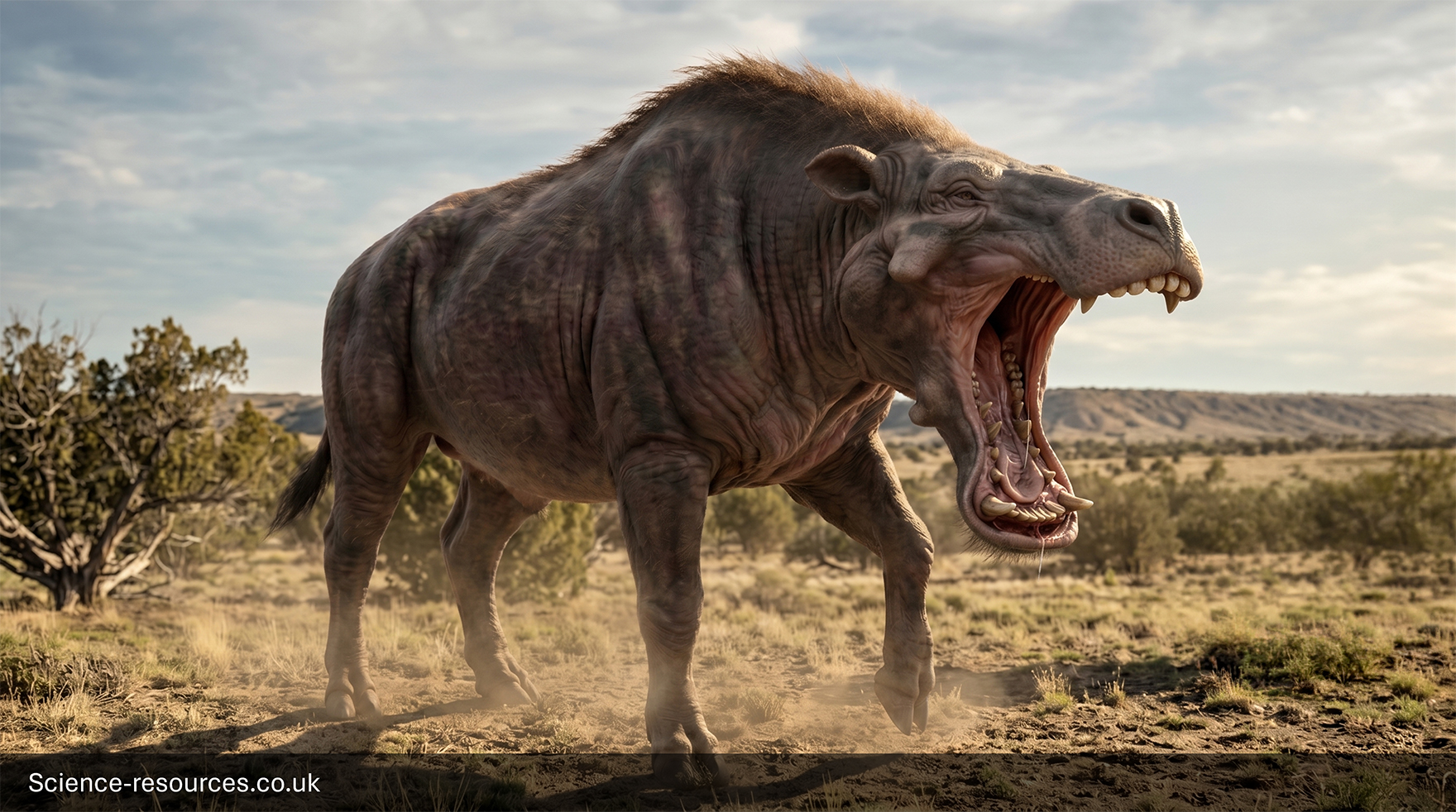 Highly realistic reconstruction of an Entelodon standing in a dry, open scrubland environment under soft daylight. The large prehistoric mammal occupies the foreground in three-quarter side view, displaying a tall, heavy-bodied frame supported by long, sturdy legs. The skin appears thick and leathery with sparse, coarse hair along the back and neck, forming a slightly raised ridge. The body shows pronounced muscle structure and folds, with subtle variations in brown and grey tones.
The head is large and elongated, with a powerful jaw opened wide to reveal sharp, uneven teeth and prominent canines. The mouth interior, including the tongue and ridged palate, is clearly visible, emphasising the animal’s formidable bite. The cheekbones are pronounced, and the snout is long and broad. Small ears sit high on the head, while the eyes are set beneath a heavy brow.
The ground is dry and dusty, with patches of short grass, small rocks and scattered shrubs. A faint cloud of dust is visible around the feet, suggesting recent movement. The background features low vegetation and gently rolling terrain under a pale sky, with a slight haze adding depth.
Lighting is natural and directional, casting soft shadows beneath the animal and highlighting the textures of the skin and musculature. The colour palette consists of warm earth tones, including tans, browns and muted greens. A shallow depth of field keeps the Entelodon in sharp focus while the background softens.