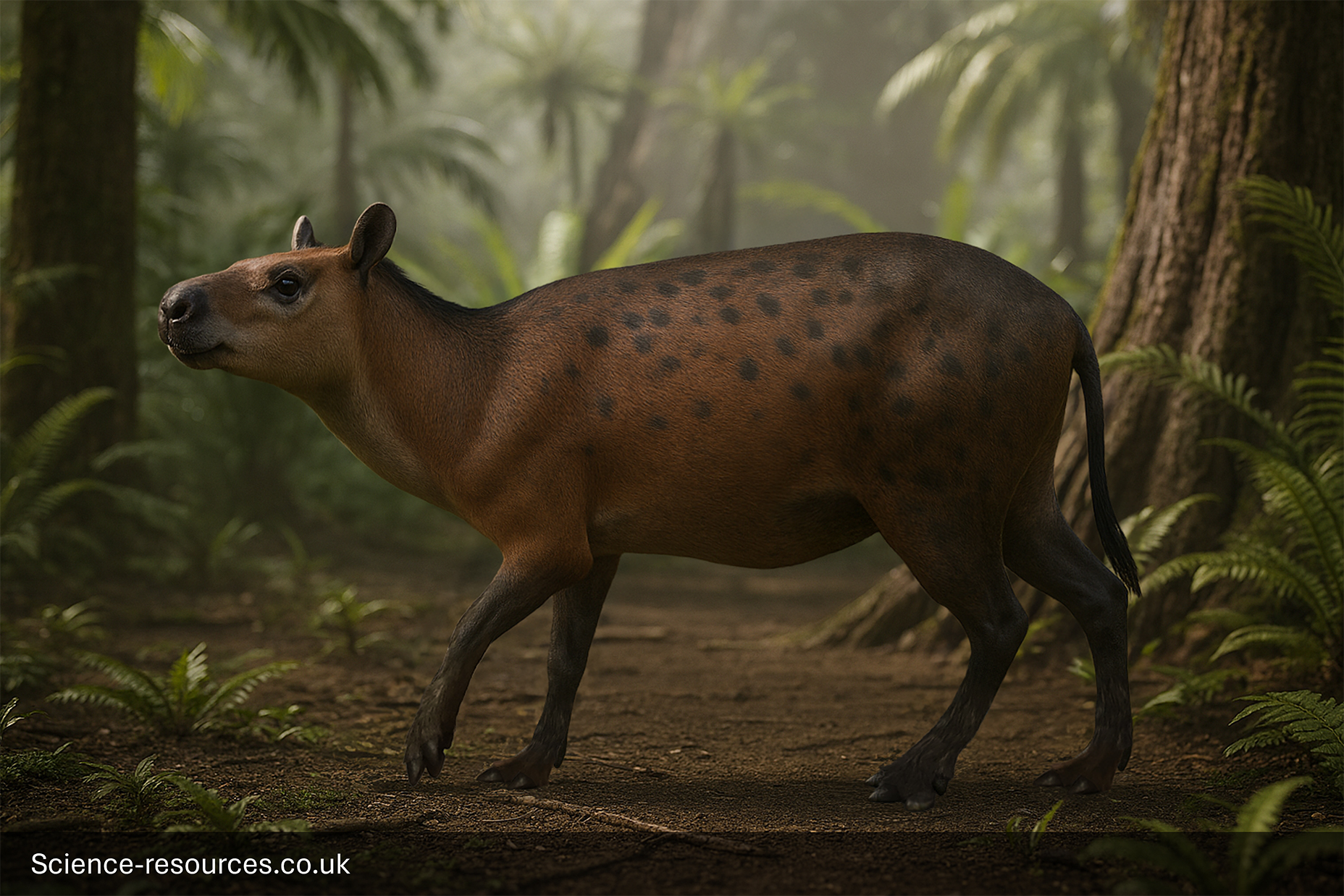 A realistic image of a Eohippus, an extinct, small, dog-sized ancestor of the modern horse