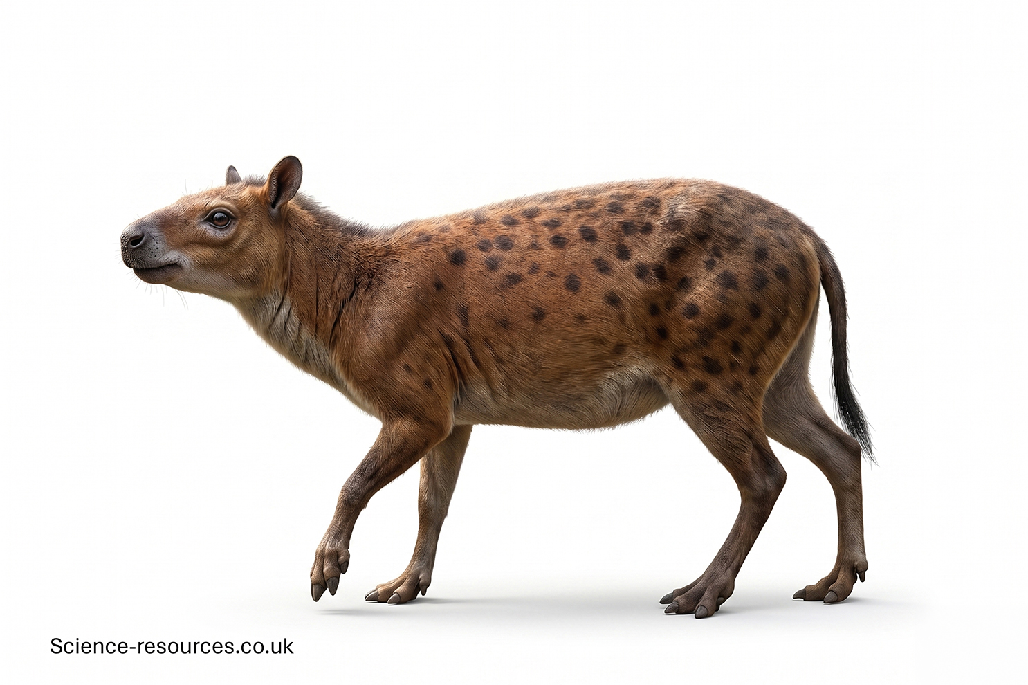 A realistic 3D model of a Eohippus on a white background.