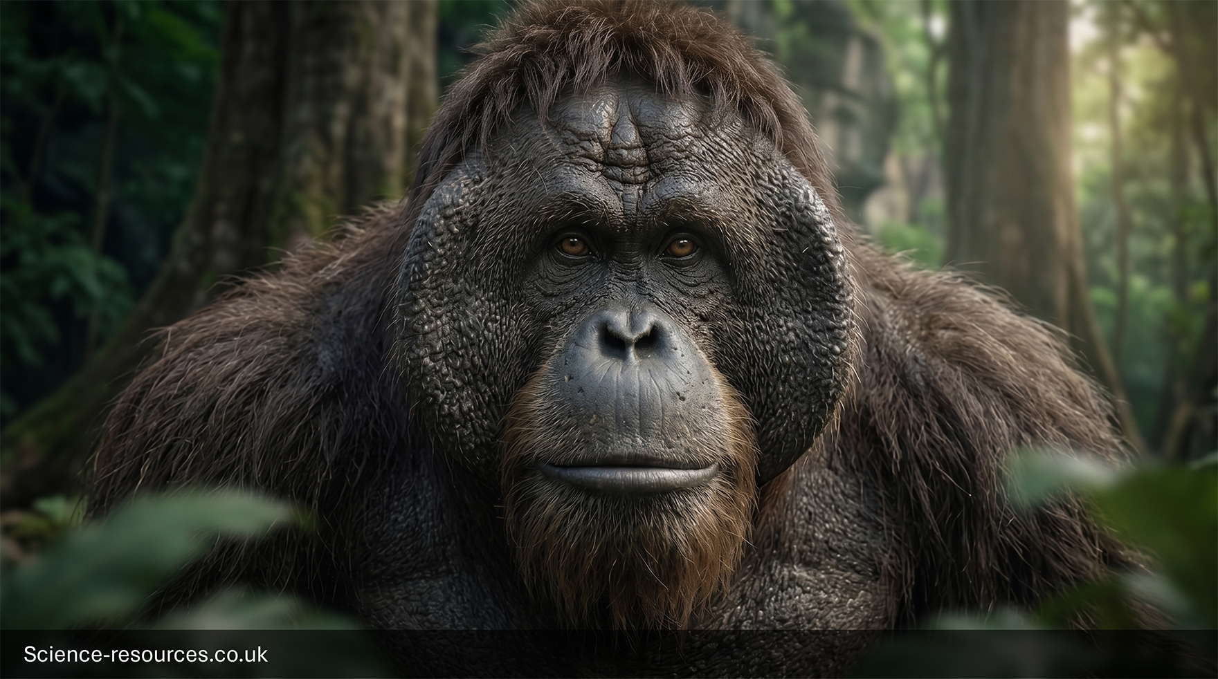 Gigantopithecus_Closeup Close-up, highly detailed portrait of Gigantopithecus facing directly towards the viewer in a dense jungle environment. The enormous ape’s face fills most of the frame, showing thick, dark brown fur surrounding a broad, heavy face with deeply textured, wrinkled skin across the cheeks and forehead. Prominent cheek pads and a wide, flat nose give the face a powerful, robust appearance.
The eyes are forward-facing and sharply focused, set beneath a pronounced brow ridge, with fine detail visible in the skin folds around the eyes and nose. Long, coarse hair extends from the head and shoulders, slightly unkempt, with strands catching soft natural light. A short beard-like tuft of lighter hair is visible around the chin area.
The background consists of a blurred tropical forest with tree trunks, green foliage and filtered sunlight creating a soft, warm glow. Depth of field is shallow, keeping the face in crisp focus while the background fades into a smooth green and brown bokeh. Textures include rugged skin, thick fur and smooth leaves.