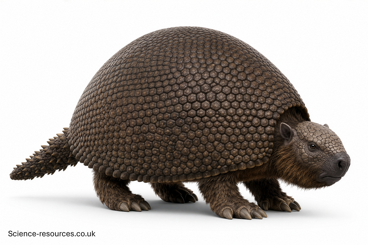 A realistic 3D model of a Glyptodon on a white background.
