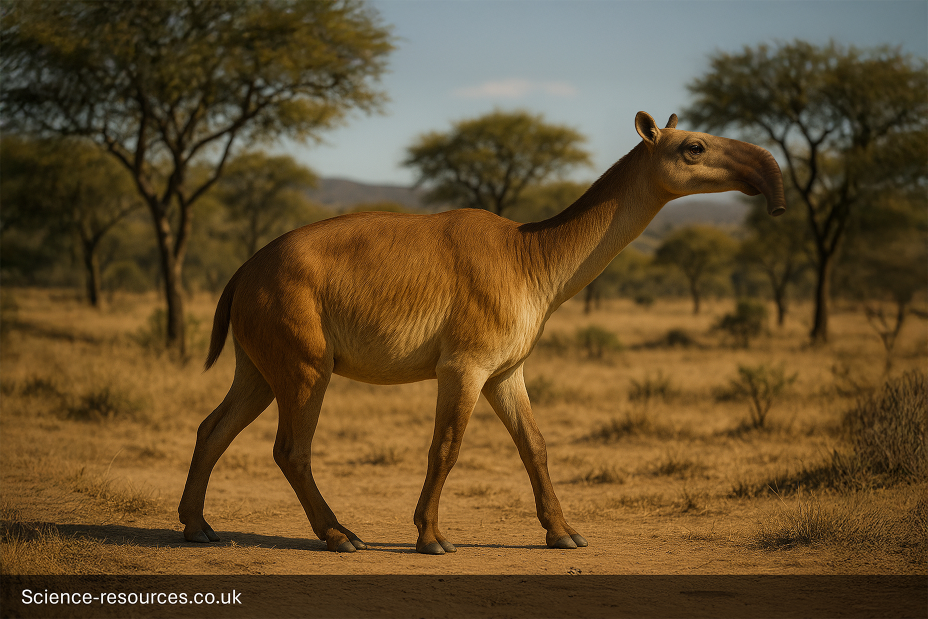 A realistic image of a Macrauchenia with Elephant-like trunk.