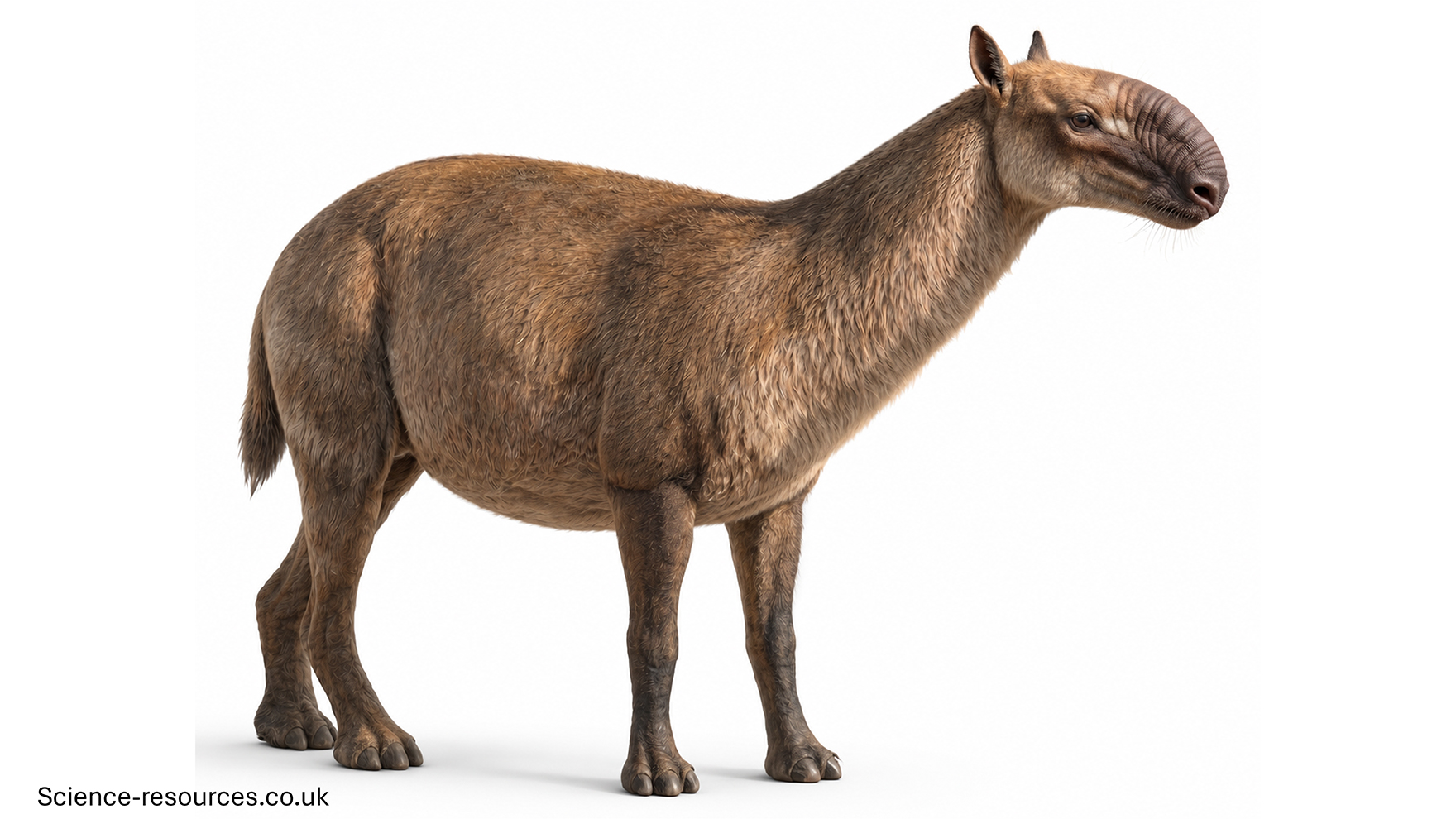 A highly realistic 3D model of Macrauchenia
on a white background