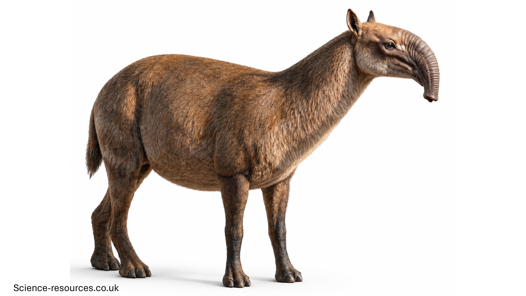 A realistic image of a Macrauchenia with Elephant-like trunk.