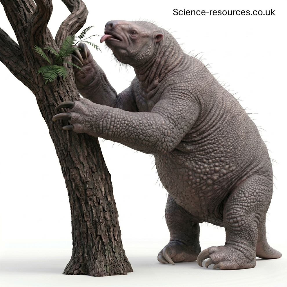 A hyper realistic 3D model of a hairless Megatherium with elephant-like skin on a white background,