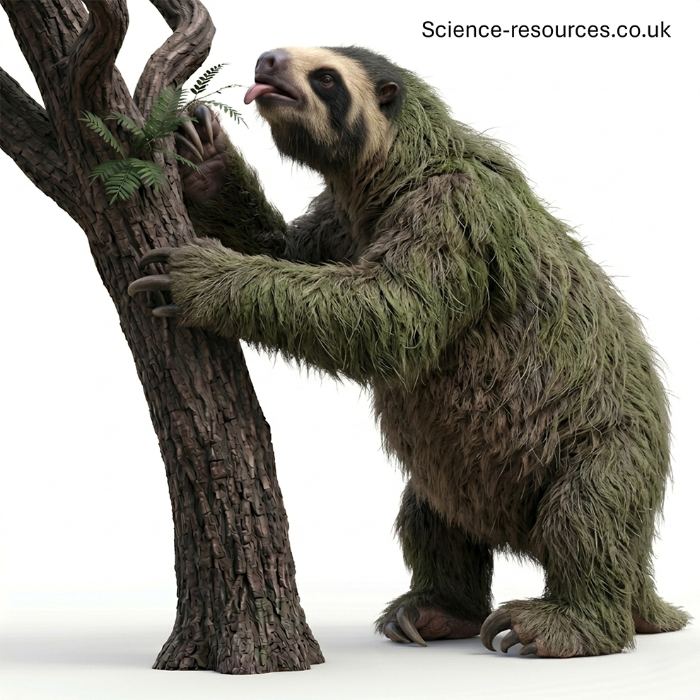 A hyper realistic 3D model of a Megatherium with sloth-like skin on a white background,