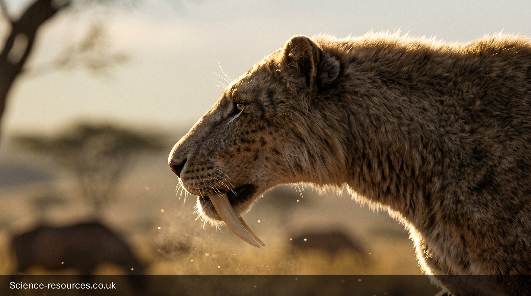 A close up shot showing Smilodon's famous long, canine teeth.