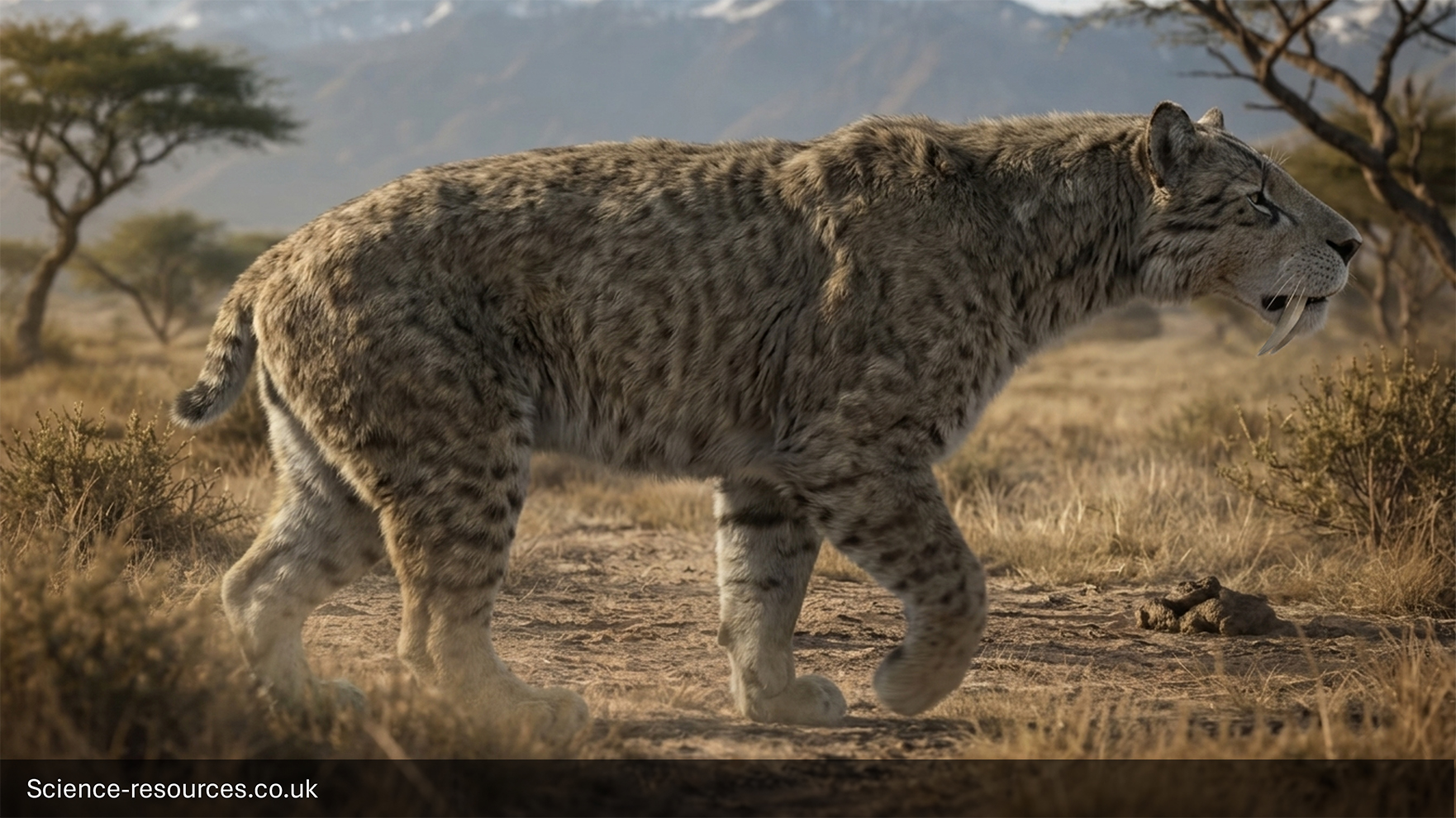 Smilodon fatalis, a powerful sabre toothed cat with long curved canine teeth, walks across a dry grassland with scattered trees, while grazing animals stand in the blurred background under warm sunlight.