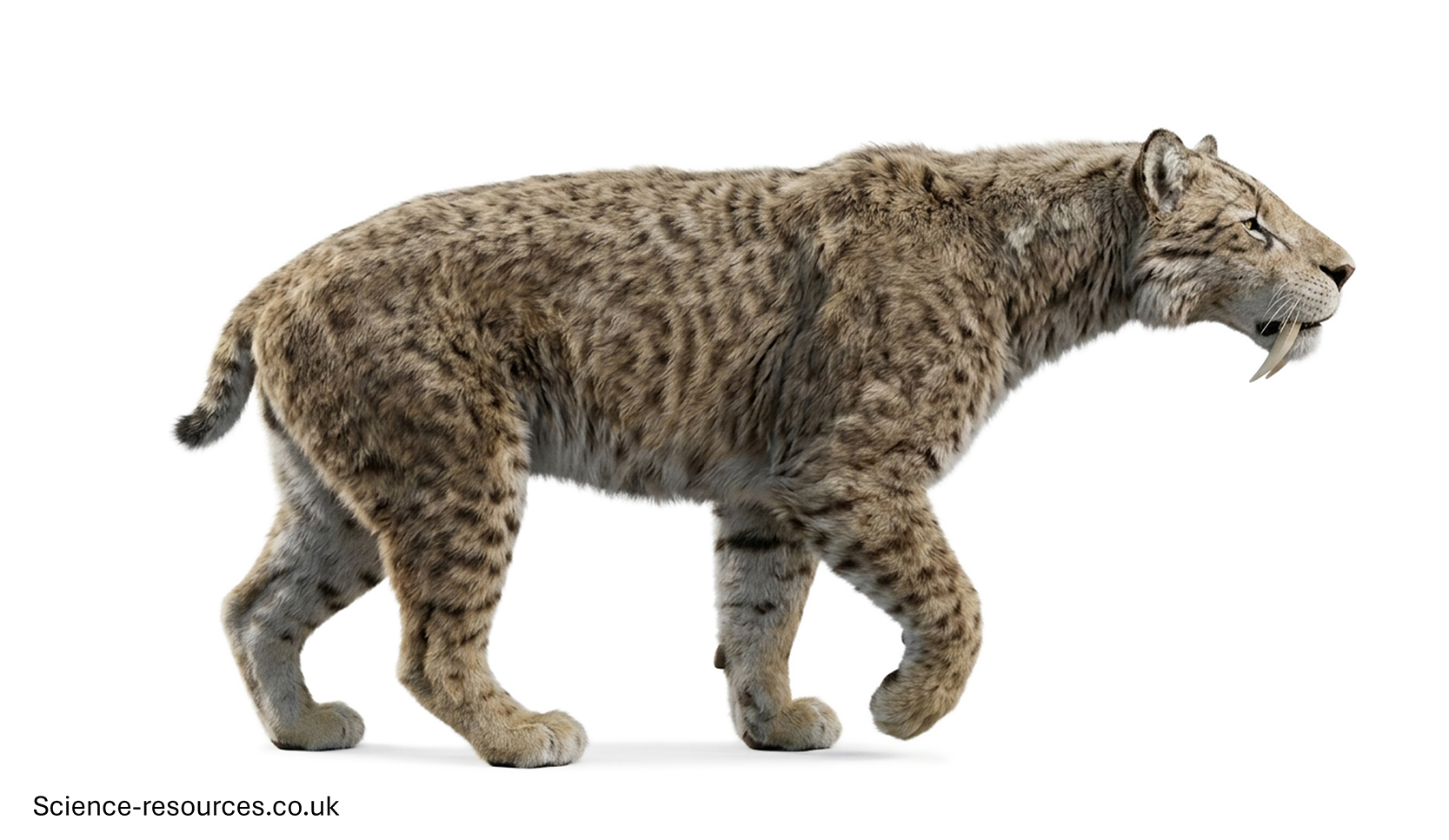 A highly detailed 3D model of Smilodon fatalis on a white background,