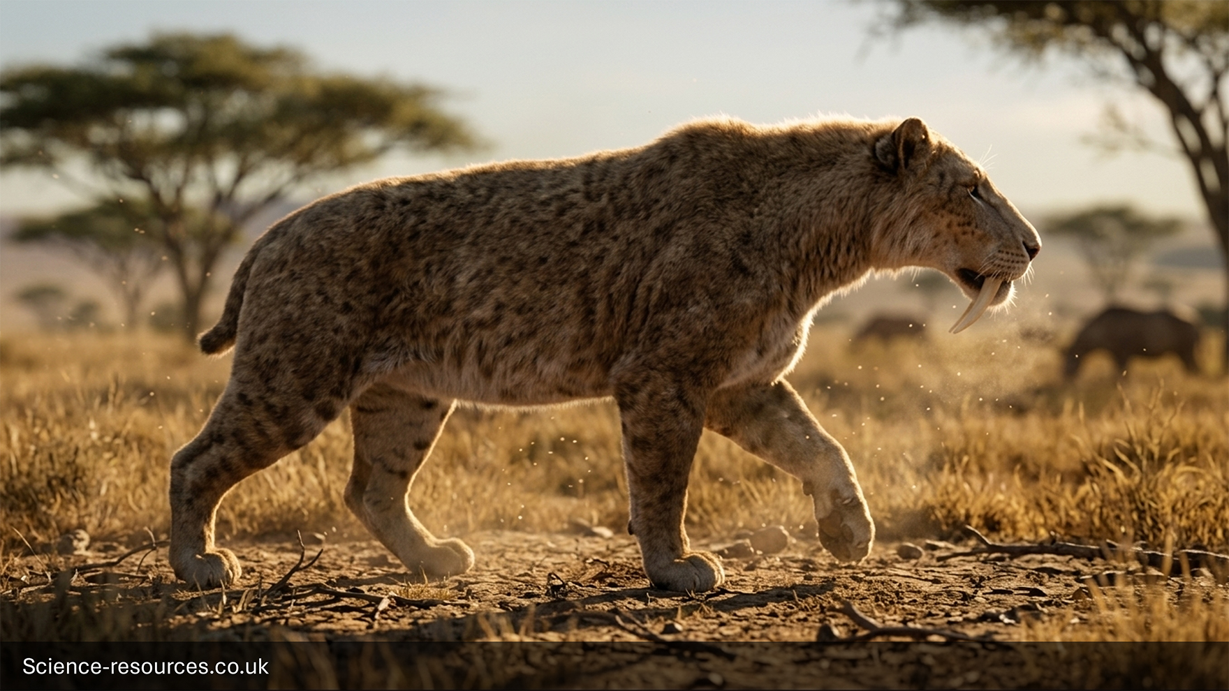 Smilodon populator, a powerful sabre toothed cat with long curved canine teeth, walks across a dry grassland with scattered trees, while grazing animals stand in the blurred background under warm sunlight.