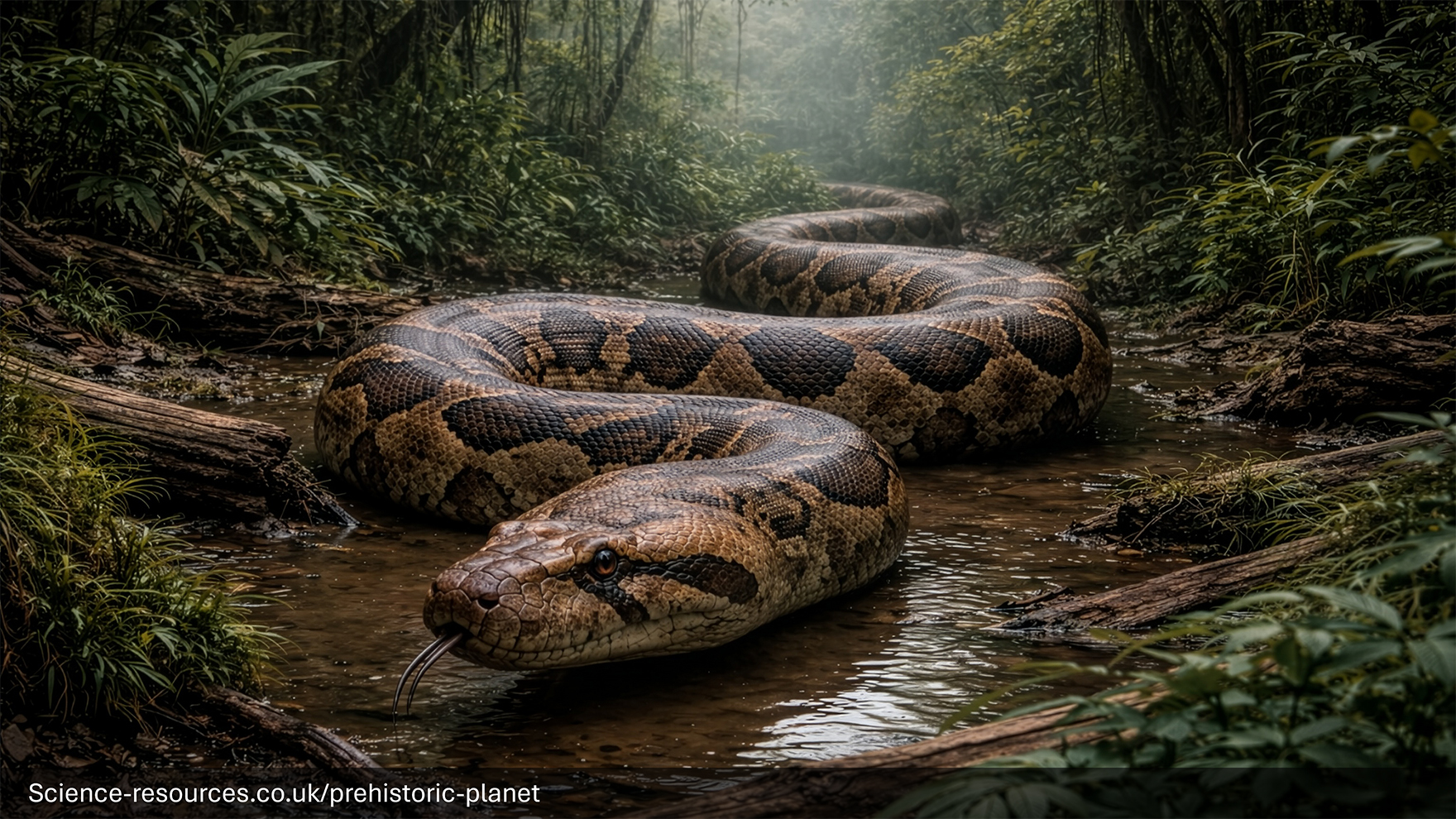 A massive Titanoboa (prehistoric snake) lies stretched across a shallow, muddy stream in a dense, misty rainforest. Its thick, muscular body is patterned with large dark brown and black blotches, and its scaly skin glistens with moisture. The snake's head is in the foreground, tongue flicking outward as it faces the viewer, while its enormous body curves back into the lush green undergrowth. Fallen logs and thick vegetation frame the scene, with soft light filtering through the canopy above.