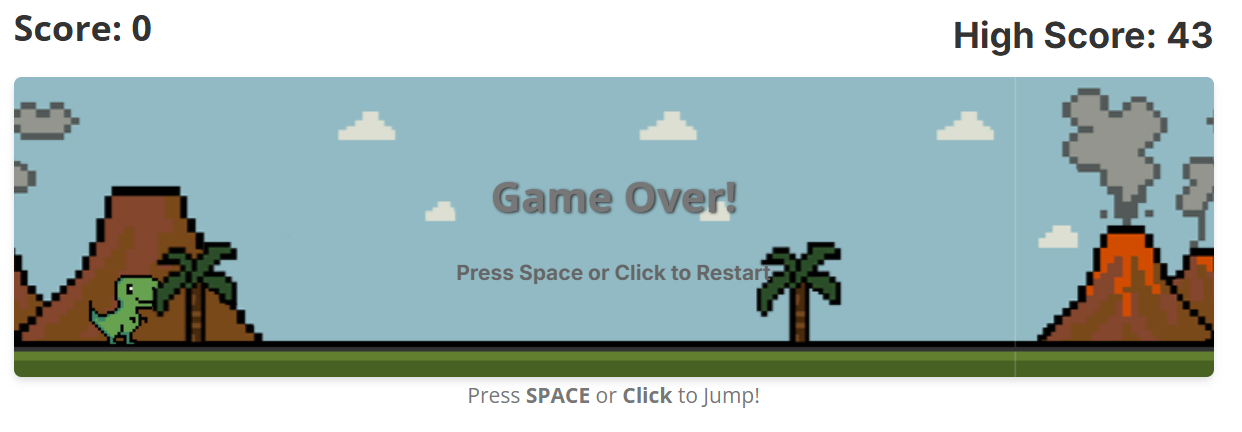 Dino dash game Screenshot from the Dino Dash game, showing a cartoon t-rex jumping over obstacles in a prehistoric setting.