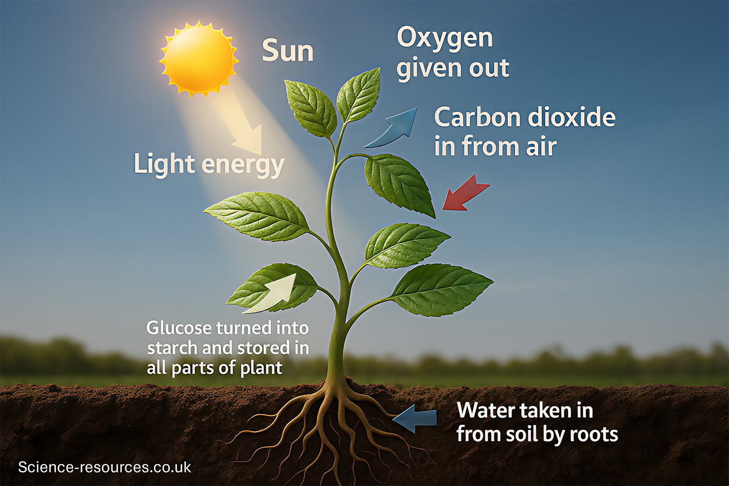 A diagram shows a green plant growing above dark soil, with its roots spreading downwards. At the top left, a bright yellow sun shines, and a labelled arrow points from the sun to the plant with the words “Light energy”. Arrows around the plant illustrate the main inputs and outputs of photosynthesis. A blue arrow near the upper leaves points outward with the label “Oxygen given out”. A red arrow points towards the leaves from the right with the label “Carbon dioxide in from air”. At the bottom, a blue arrow points into the roots with the label “Water taken in from soil by roots”. A white caption near the stem states “Glucose turned into starch and stored in all parts of plant”. The background shows a soft blue sky above a horizon of blurred green vegetation.