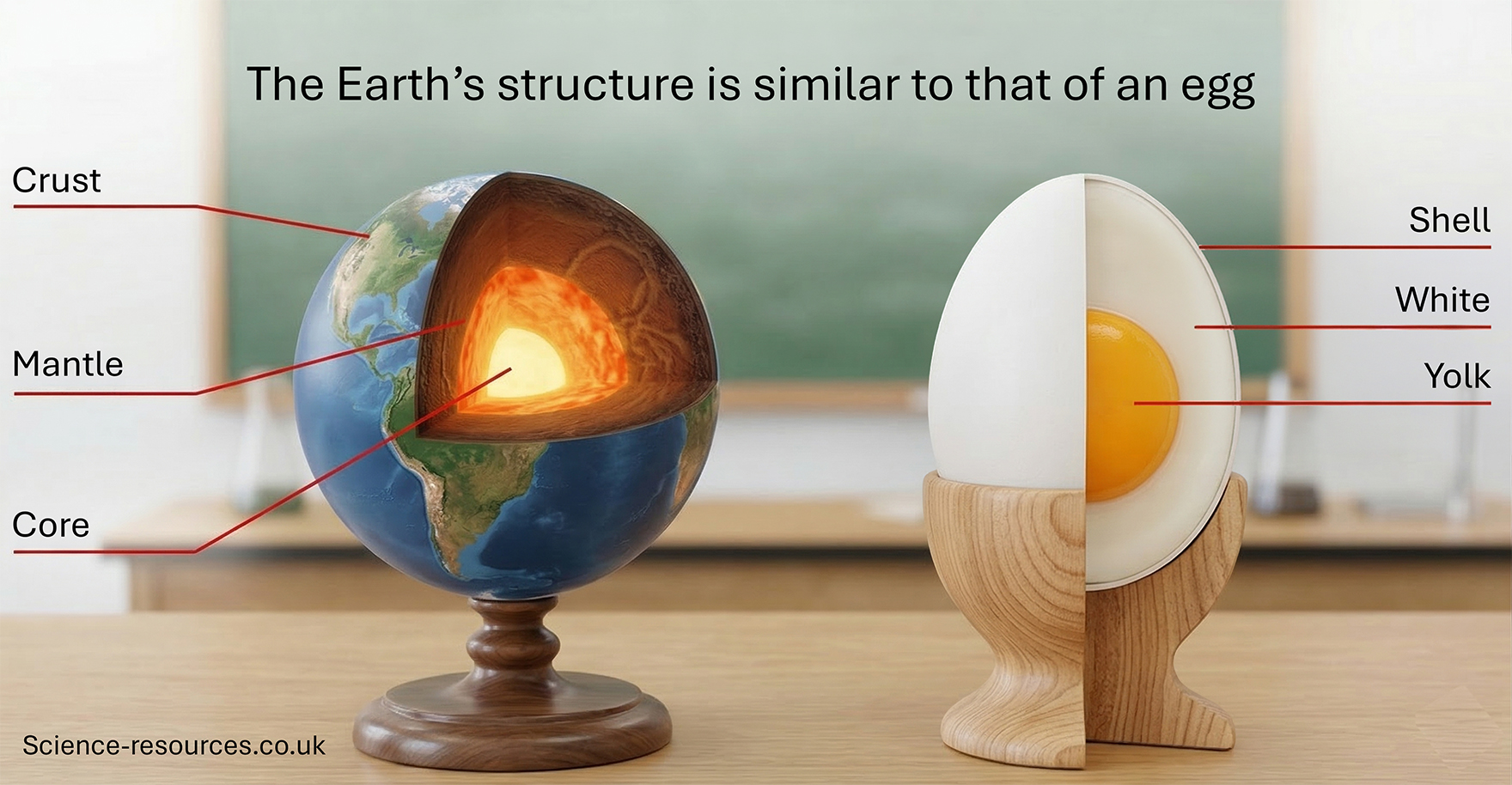 An educational diagram compares the internal structure of Earth with that of a hard‑boiled egg. On the left, a model of Earth sits on a wooden stand. A vertical slice reveals three internal layers: a thin brown crust, a thick orange‑red mantle, and a bright yellow‑white core at the centre. Each layer is labelled with red lines pointing to “Crust”, “Mantle”, and “Core”. On the right, a hard‑boiled egg stands upright in a light wooden egg cup. The egg is also sliced vertically to expose its interior. The white outer shell is labelled “Shell”, the solid white interior is labelled “White”, and the yellow yolk in the middle is labelled “Yolk”. Both the globe and the egg are shown against a blurred classroom background with a green chalkboard. A heading above the images reads: “The Earth’s structure is similar to that of an egg.”