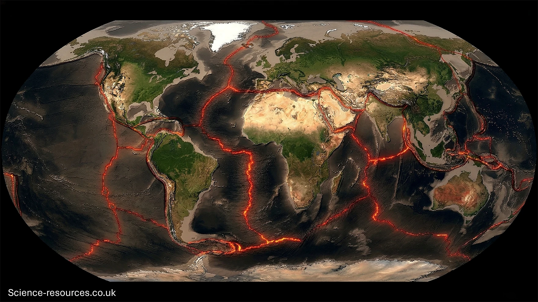 A full‑colour, high‑resolution world map showing Earth as a slightly curved, three‑dimensional sphere viewed from space. The continents and oceans are displayed with realistic satellite imagery, including visible landforms, vegetation, deserts, mountain ranges, and ocean floor textures. Overlaying the map is a network of bright red lines that trace the tectonic plate boundaries across the planet. These lines run through the Atlantic Ocean, outline the edges of the Pacific Ocean basin, pass along the western coasts of North and South America, cut through the Mediterranean region, and continue around Africa, Asia, and Australia. The red boundaries highlight major geological features such as mid‑ocean ridges, subduction zones, and transform faults. The background is black space, making the illuminated Earth stand out prominently. The overall image emphasises the structure and distribution of Earth’s tectonic plates across both land and sea.