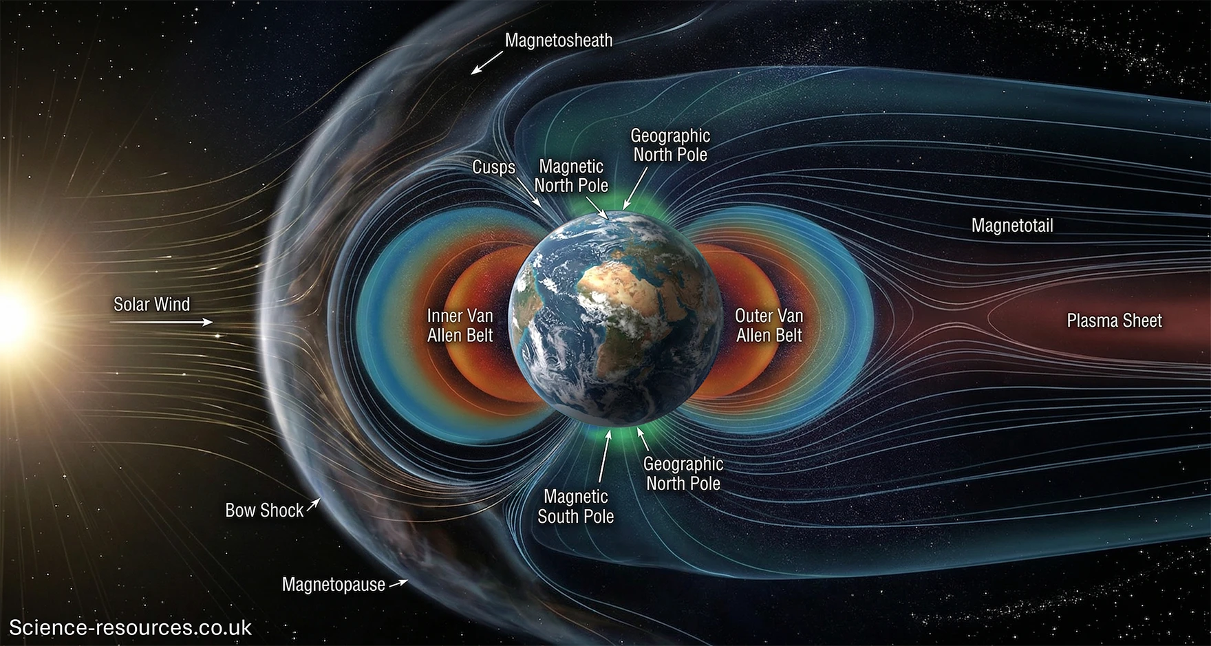 A scientific illustration shows Earth at the centre, surrounded by its magnetic field and labelled magnetospheric regions. The Sun sits on the left, emitting a stream of yellow solar wind particles that travel towards Earth. The solar wind strikes the front of Earth’s magnetic field, creating a curved, compressed boundary labelled “Bow Shock,” followed by a thin boundary called the “Magnetopause.” Surrounding this area is the “Magnetosheath,” shown as a turbulent, layered region between the solar wind and Earth’s magnetosphere.
Earth’s magnetic field lines are drawn as smooth, blue arcs flowing around the planet, compressed on the sun‑facing side and stretched into a long tail on the opposite side. Two coloured, doughnut‑shaped radiation belts encircle Earth: the “Inner Van Allen Belt” shown as a bright orange ring close to Earth’s surface, and the “Outer Van Allen Belt” shown as a larger, more diffused red and blue ring.
Labels mark the “Magnetic North Pole” and “Magnetic South Pole” slightly offset from the “Geographic North Pole” and “Geographic South Pole.” Near the top of the planet, narrow funnel‑shaped openings in the magnetic field are labelled “Cusps.” On the night‑side of Earth, the field lines stretch into a long, tapered “Magnetotail,” which includes a central “Plasma Sheet,” drawn in red, running horizontally through the centre of the tail.
The background is black, representing space, with faint stars scattered across it.