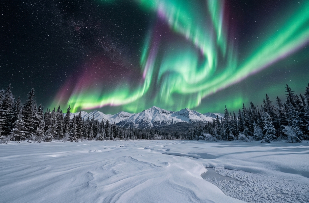 A wide‑angle photograph shows a winter landscape beneath bright aurora borealis lights. The foreground consists of an expanse of snow-covered ground with smooth, wind‑carved ridges and gentle undulations. On both sides of the frame, dense rows of tall evergreen trees stand coated in snow, forming a natural corridor that leads the eye toward the background.
In the distance, a range of sharp, rugged mountains rises against the horizon, their peaks and slopes covered in white snow. Above the mountains, the night sky is filled with vivid aurora displays. Large, sweeping ribbons of green dominate the sky, with streaks of pink and purple interwoven through them. The aurora forms curved, flowing shapes that stretch across the entire upper half of the image. Behind the aurora, a dark star‑filled sky is visible, with numerous small stars scattered across it.