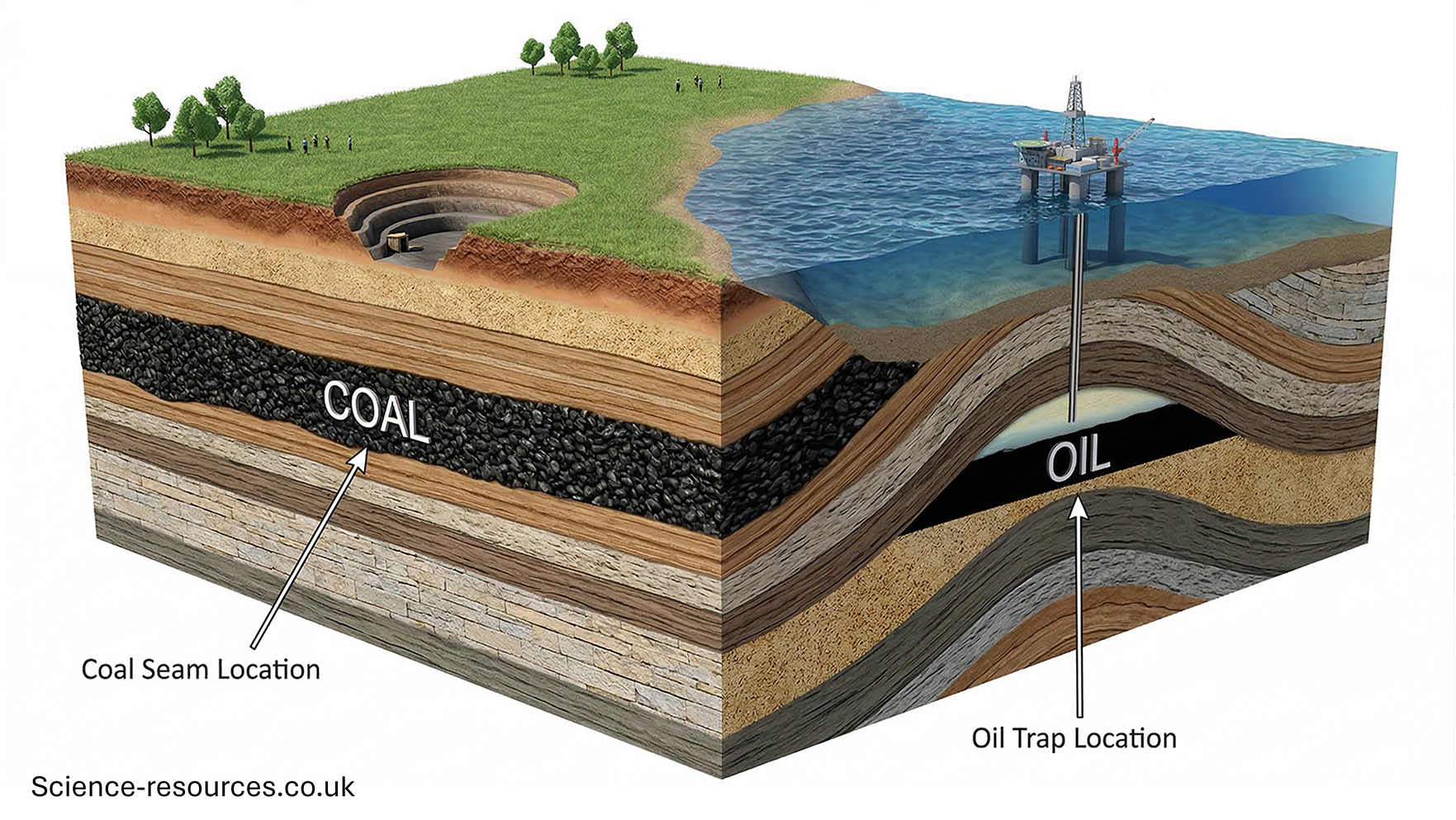 This is a detailed cross-section diagram of a landmass transitioning into the sea. The image shows several distinct rock layers or strata beneath a grassy landscape with a few trees and people. A large, circular, multi-tiered open-pit mine is visible on the left, labeled with an arrow as "Coal Seam Location" pointing to a thick, black layer of "COAL" running horizontally through the bedrock.

On the right, an offshore oil platform is positioned in the ocean, with its drilling rig extending down through the water and deep into a large, folded geological structure (an anticline) where a pool of black liquid is trapped, labeled with an arrow as "Oil Trap Location" and text "OIL." A third arrow on the far right points to various rock types and is labeled "Geological Context," illustrating the stratification of sandstone, shale, limestone, and other sedimentary rocks. The diagram effectively contrasts the shallow coal seam with the deep-sea oil reservoir, all within a layered geological framework.