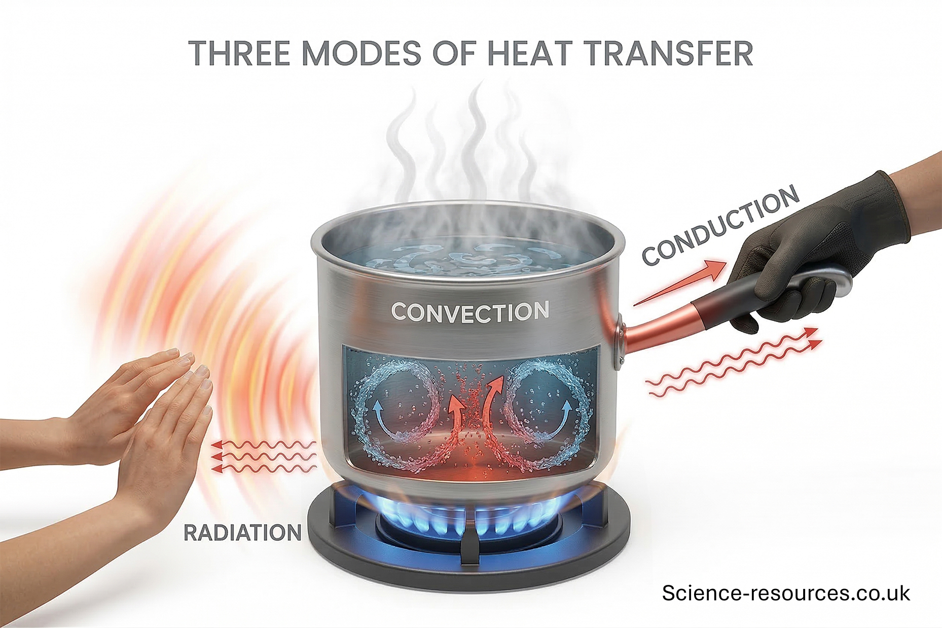 A detailed 3D CGI educational illustration set against a pure white background, demonstrating the three primary methods of thermal energy transfer: Conduction, Convection, and Radiation.

In the center of the frame, a stainless steel cooking pot filled with water sits atop a modern gas stove burner. The burner emits a vibrant blue flame that licks the bottom of the pot, turning the lower edges of the metal a glowing orange to indicate intense heat.

1. Convection
The pot features a "cutaway" or transparent section in the middle, revealing the water inside. Red and blue curved arrows form circular loops within the water to illustrate convection currents. Red arrows rise from the hot bottom, while blue arrows descend as the water cools at the surface. Wisps of white steam rise vertically from the top of the pot. The word "CONVECTION" is written in bold, white capital letters across the front of the pot.

2. Conduction
Extending to the right is a long, copper-colored metal handle. A hand wearing a brown heat-resistant glove holds the end of the handle. A straight red arrow points from the pot toward the hand, labeled with the word "CONDUCTION" in dark grey text. This illustrates the transfer of heat through the solid material of the handle.

3. Radiation
On the left side of the image, two bare hands are held near (but not touching) the pot. Glowing, orange-to-red concentric "wave" lines and small red wavy arrows radiate outward from the heat source toward the hands. The word "RADIATION" is printed in dark grey text at the bottom left.

Overall Aesthetic:
The image uses a clean, professional medical or scientific textbook style. The lighting is bright and even, with soft shadows beneath the stove and hands to ground the objects in a 3D space. The color palette is dominated by the cool silver of the pot, the bright blue of the gas flame, and the warm oranges/reds used to represent heat flow.