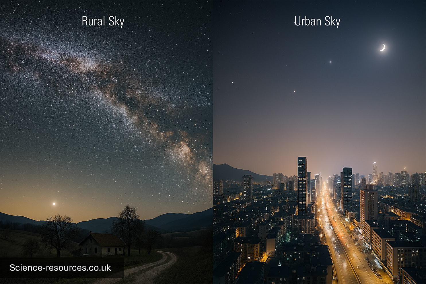 rural_vs_urban_night_sky A side-by-side comparison of the night sky in a rural location and an urban location.
On the left, labelled âRural Skyâ, a quiet countryside scene is shown with fields, a small house and distant hills. The night sky is very dark and filled with thousands of stars. The Milky Way appears clearly as a bright, cloudy band stretching diagonally across the sky, showing areas of dense stars and dust. On the right, labelled âUrban Skyâ, a city landscape is shown with tall buildings, towers and brightly lit roads. Streetlights and building lights illuminate the sky with a yellowish glow. Only a small number of bright stars are visible, along with a thin crescent Moon. The Milky Way cannot be seen because the sky is much brighter.
